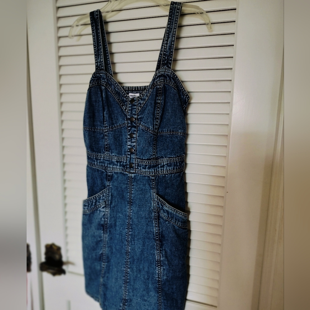 Japna Denim Dress 100% Cotton Pockets Smocked Back Sweetheart Neckline Medium
